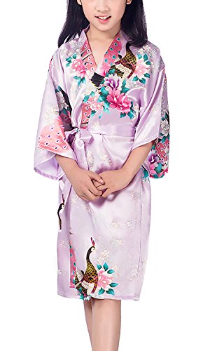 YAOMEI Kinder Mädchen Morgenmantel Kimono Satin Nachtwäsche Bademantel Robe Pfau Blume Negligee Schlafanzug Schwimmen Hochzeit Geburtstag (Größe 12: Für Höhe 130-145 cm (51 "-57"), Helles Lila) von YAOMEI