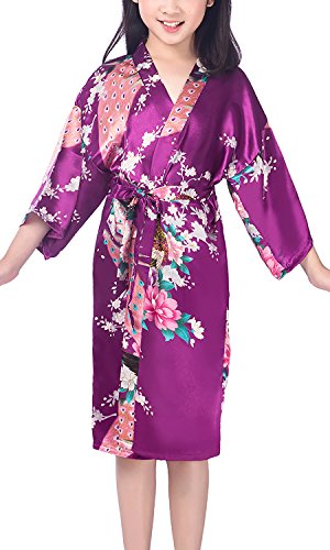 YAOMEI Kinder Mädchen Morgenmantel Kimono Satin Nachtwäsche Bademantel Robe Pfau Blume Negligee Schlafanzug Schwimmen Hochzeit Geburtstag (Größe 12: Für Höhe 130-145 cm (51 "-57"), Lila) von YAOMEI