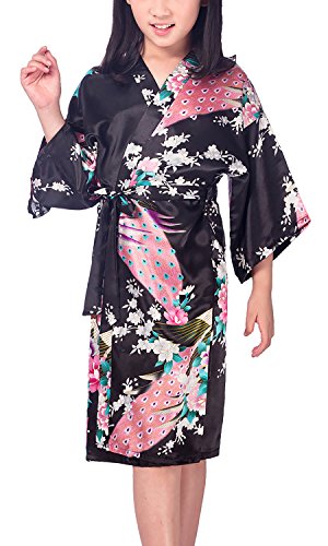 YAOMEI Kinder Mädchen Morgenmantel Kimono Satin Nachtwäsche Bademantel Robe Pfau Blume Negligee Schlafanzug Schwimmen Hochzeit Geburtstag (Größe 12: Für Höhe 130-145 cm (51 "-57"), Schwarz) von YAOMEI