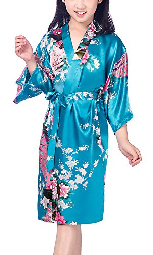 YAOMEI Kinder Mädchen Morgenmantel Kimono Satin Nachtwäsche Bademantel Robe Pfau Blume Negligee Schlafanzug Schwimmen Hochzeit Geburtstag (Größe 14: Für Höhe 145-160 cm (57 "-63"), Blauer See) von YAOMEI