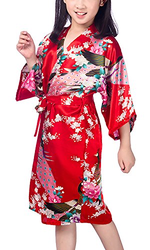 YAOMEI Kinder Mädchen Morgenmantel Kimono Satin Nachtwäsche Bademantel Robe Pfau Blume Negligee Schlafanzug Schwimmen Hochzeit Geburtstag (Größe 14: Für Höhe 145-160 cm (57 "-63"), Rot) von YAOMEI
