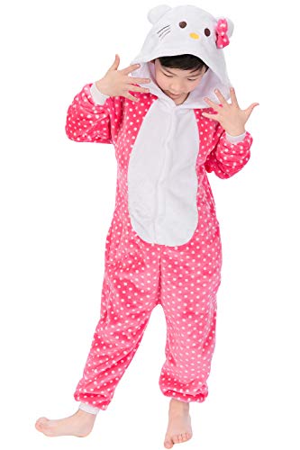 YAOMEI Kinder Unisex Jumpsuits, 2018 Kostüm Tier Onesie Nachthemd Schlafanzug Kapuzenpullover Nachtwäsche Cosplay Kigurum Fastnachtskostuem Weihnachten Halloween (130-140CM(51''-55''), Hellokitty) von YAOMEI