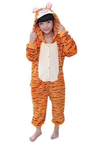 YAOMEI Kinder Unisex Jumpsuits, 2018 Kostüm Tier Onesie Nachthemd Schlafanzug Kapuzenpullover Nachtwäsche Cosplay Kigurum Fastnachtskostuem Weihnachten Halloween (130-140CM(51''-55''), Tigger) von YAOMEI