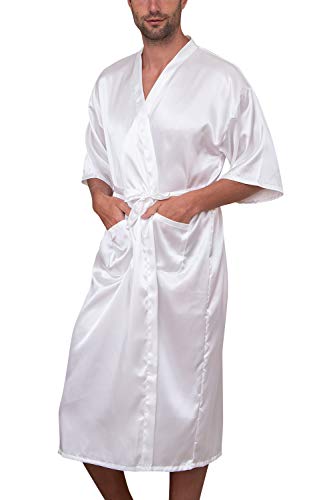 YAOMEI Unisex Damen Herren Morgenmantel Bademäntel Kimono Lang, Satin Nachtwäsche Bademantel Robe Negligee locker Schlafanzug mit V Ausschnitt mit Gürtel Taschen (3XL, Weiß) von YAOMEI