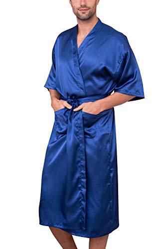 YAOMEI Unisex Damen Herren Morgenmantel Bademäntel Kimono Lang, Satin Nachtwäsche Bademantel Robe Negligee locker Schlafanzug mit V Ausschnitt mit Gürtel Taschen (L, Blau) von YAOMEI