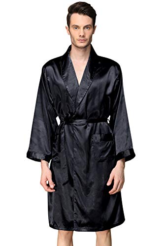 YAOMEI Unisex Damen Herren Morgenmantel Bademäntel Kimono Lang, Satin Nachtwäsche Bademantel Robe Negligee locker Schlafanzug mit V Ausschnitt mit Gürtel Taschen Größe 5XL (3XL, Schwarz) von YAOMEI