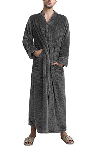 YAOMEI Unisex Damen Herren Morgenmantel Bademäntel Lang, Weich u. Leicht Korallenvlies Nachtwäsche Nachthemd Robe Negligee locker Schlafanzug, Reißverschluss & Taschen (Large, Grau) von YAOMEI