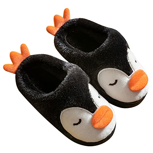 YAOMEI Unisex Hausschuhe Kinder Junge Mädchen, 3D Pinguin Weiche Pantoffeln Plüsch Krabbelschuhe Babyschuhe Winter Karikatur Leicht rutschfeste Slippers (34, A-Schwarz, numeric_34) von YAOMEI