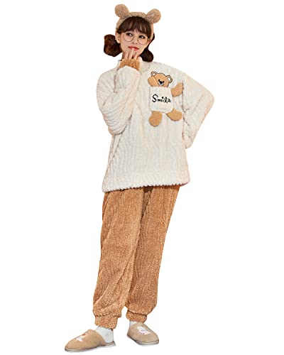 YAOMEI Unisex Pullover Schlafanzug für Damen Herren Warm dick Rundhalsausschnitt Negliee Sleepshirt Erwachsener Paare Langen Ärmeln Nachtwäsche Hosen Nachtkleid Lingerie von YAOMEI