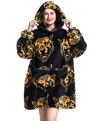 YAOMEI Unisex Übergroße Hoodie Sweatshirt Decke, Winter Warm Weich Sherpa Riesen-Hoodie Pullover Decke mit Kapuze Nachthemd Schlafanzug für Männer Frauen (Leopard) von YAOMEI