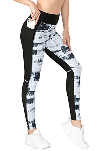 YAOMEI Yoga Hosen Damen High Waist, Lang Sport Yogahose Sporthose Gym Sport Leggings Tummy Control Running Workout Stretch Fitnesshose Trainingshose mit Aufdruck (A-Tasche-Grau, S) von YAOMEI