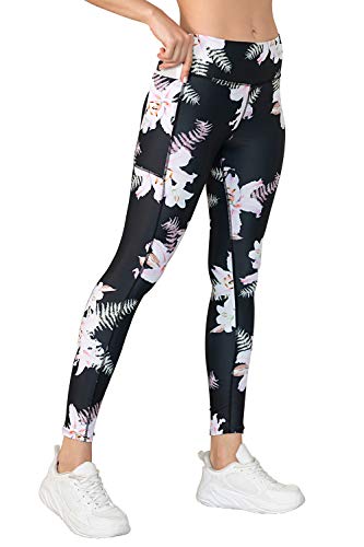 YAOMEI Yoga Hosen Damen High Waist, Lang Sport Yogahose Sporthose Gym Sport Leggings Tummy Control Running Workout Stretch Fitnesshose Trainingshose mit Aufdruck (A-Tasche-Lilie, S) von YAOMEI