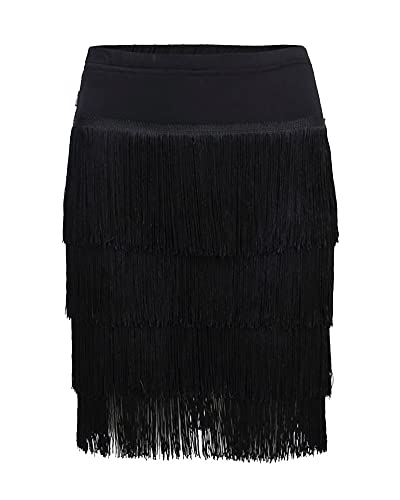 Damen Bauchtanz Kostüm Lateinischer Salsa-Tango-Tanzrock Fransen-Quaste-Rock-Tanz Vierlagige Quaste irregulär Rock Festival Rumba Flamenco-Minirock mit Shorts Schwarz von YAOTT