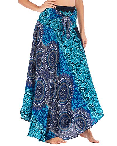 Damen Bohemian Hippie Gypsy Ethnisch Stil Blumendruck 2 in 1 Rock & Kleid Lange Röcke Festliche Halterrock Strandkleider Saphirblau von YAOTT