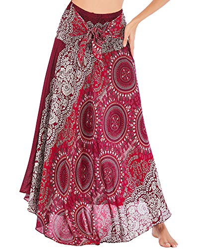 Damen Bohemian Hippie Gypsy Ethnisch Stil Blumendruck 2 in 1 Rock & Kleid Lange Röcke Festliche Halterrock Strandkleider Weinrot von YAOTT