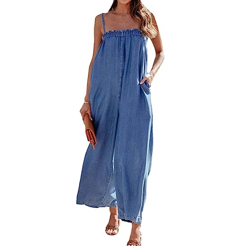 Damen Denim Latzhose Ärmellos Weites Bein Bandeau Jumpsuit Romper Sommer Denim Bib Baggy Overall Casual Jeans Hose Frauen Lässig Trägerhose Locker Gesmokter Spaghettiträger Hosenanzug Playsuit Blau L von YAOTT