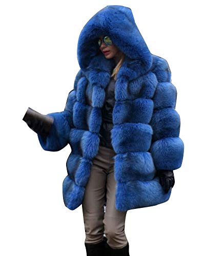 Damen Elegant Kunstpelz Flauschig Langarm Winter Warm Faux-Pelzmantel mit Kapuze Parka Jacke Solider Cardigan-Mantel Kunstfell Plüschmantel Blau M von YAOTT