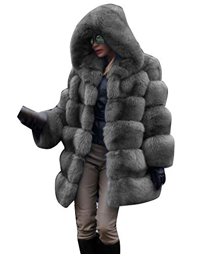 Damen Elegant Kunstpelz Flauschig Langarm Winter Warm Faux-Pelzmantel mit Kapuze Parka Jacke Solider Cardigan-Mantel Kunstfell Plüschmantel Dunkler Grau XXL von YAOTT