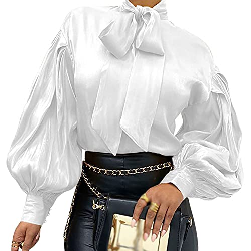 Damen Langarm Elegant Business Hemd Casual Oberteil Basic Tops Bluse Vintage Hemd T-Shirt Mit Schleife Mode Lange Ärmel Einfarbiges Hemd Übergroßes,Weiß,XL von YAOTT