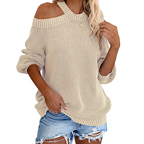Damen Langarm Neckholder Pullover Trägerloses T-Shirt Frühling und Herbst Schickes Hemd Lässig Rundhals Strick Pullover Lose Kalte Schulter Pullover Übergroße Tunika Top Aprikose M von YAOTT