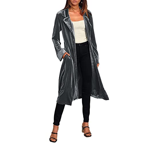 Damen Langer Velvet Blazer Einfarbig Notch Revers Maxi Vintage Samt Trenchcoat Frühling Herbst Damen Samt Mantel Offene Vorderseite Strickjacke Outwear Farbe B XL von YAOTT