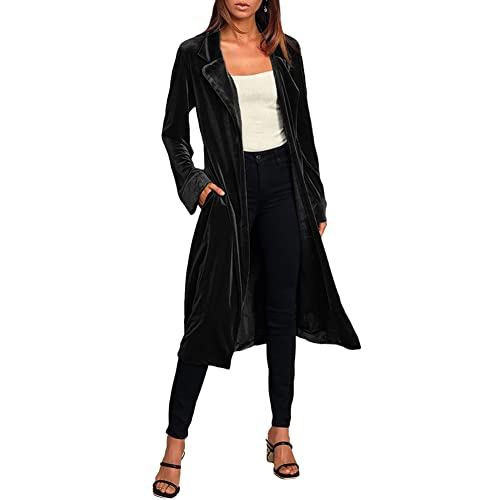 Damen Langer Velvet Blazer Einfarbig Notch Revers Maxi Vintage Samt Trenchcoat Frühling Herbst Damen Samt Mantel Offene Vorderseite Strickjacke Outwear Farbe C L von YAOTT