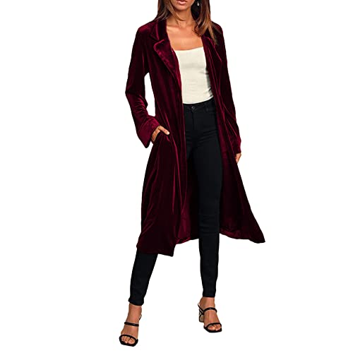 Damen Langer Velvet Blazer Einfarbig Notch Revers Maxi Vintage Samt Trenchcoat Frühling Herbst Damen Samt Mantel Offene Vorderseite Strickjacke Outwear Farbe D M von YAOTT