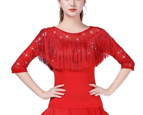 Damen Latein-Tanz-Tops Standard Modern Fransen Quaste Mesh-Splice langärmelig glänzende Pailletten T-Shirt Tunika Bluse für Jazz Rot von YAOTT