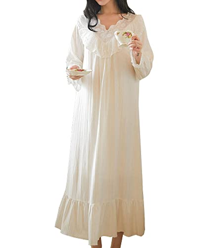 Damen Nachtkleid Viktorianisches Süße Prinzessin Große Größe Jacquard Langes Pyjama-Nachthemd mit Rüschen V-Ausschnitt aus Spitze Schlafanzug Nachtwäsche Schlaf-Shirt Lounge-Kleid Weiß M von YAOTT