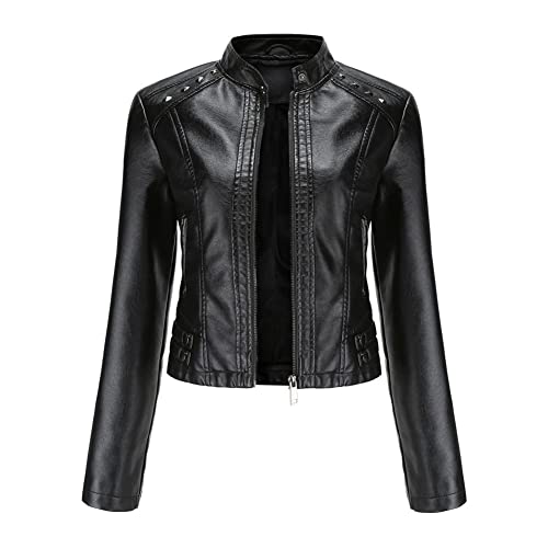 Damen Nieten Lederjacke Kurze Jacke Solide Langer Ärmel Stehkragen PU Lederjacke Moto Biker Jacke Slim-Fit Lässiger Mantel mit Reißverschluss Klassische Bomber-Motorradjacke Schwarz M von YAOTT