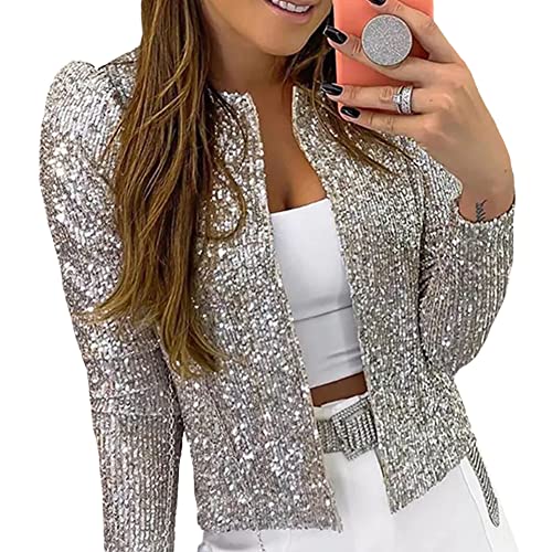 Damen Pailletten Blazer Sakko Langarm Glitzer Jacke Pailletten Bomberjacke Slim Fit Cardigan Jacke Bolero Tops Casual Mode Kragenlose Blazer Jacke Streetwear Glitzer Party Club Kurze Jacke Farbe F S von YAOTT