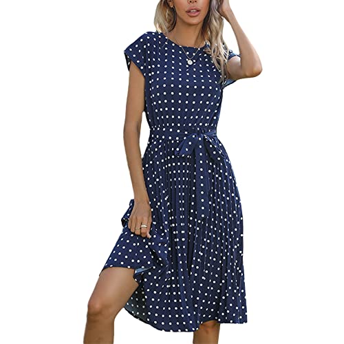 Damen Sommerkleid Tunika Kleid Gerüschtes Wickelkleid Elegant Midikleid Punktmuster Knielang Gefaltete Freizeitkleid Vintage Kleid Lose Casual Swing Kleid mit Gürtel Boho Kleider Blau L von YAOTT