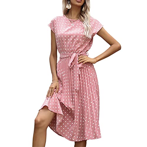 Damen Sommerkleid Tunika Kleid Gerüschtes Wickelkleid Elegant Midikleid Punktmuster Knielang Gefaltete Freizeitkleid Vintage Kleid Lose Casual Swing Kleid mit Gürtel Boho Kleider Rosa S von YAOTT