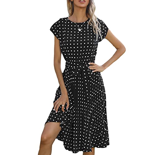 Damen Sommerkleid Tunika Kleid Gerüschtes Wickelkleid Elegant Midikleid Punktmuster Knielang Gefaltete Freizeitkleid Vintage Kleid Lose Casual Swing Kleid mit Gürtel Boho Kleider Schwarz M von YAOTT