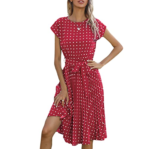 Damen Sommerkleid Tunika Kleid Gerüschtes Wickelkleid Elegant Midikleid Punktmuster Knielang Gefaltete Freizeitkleid Vintage Kleid Lose Casual Swing Kleid mit Gürtel Boho Kleider Weinrot S von YAOTT