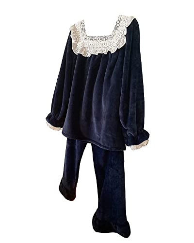 Damen Süßes Warm Schlafanzug Pyjama-Set Langarm Prinzessin Stil Viktorianische Nachtwäsche aus Samt Weiche Fleece-Loungewear Pjs Spitze Oberteile mit eckigem Ausschnitt und Hose Hausanzug Blau XL von YAOTT
