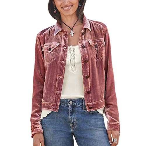 Damen Velvet Jacke Einfarbig Revers Knopf Samt Jacke Vintage Cargo Jacke Frühling Herbst Kurz Mantel Arbeitsjacke Casual Vorne Offen Cardigan Strickjacke Damenjacke Büro Jacke Farbe A M von YAOTT