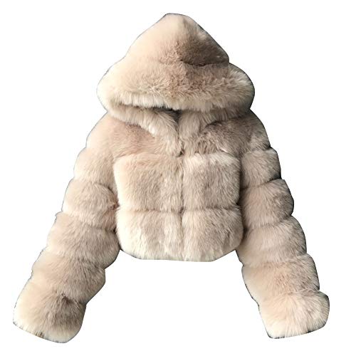 Damen Winter Elegant Kurz Faux Fox Pelzjacke Pelzmantel Langarm Gefälle Parka Cardigan Mantel Kunstfell Jacke Kapuzenjacke Beige Kamel S von YAOTT