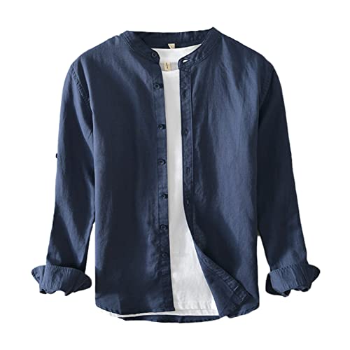 Hemd Herren Baumwolle-Leinenhemd Langarm Henley Sommerhemd Stehkragen Männer Freizeithemd Langarmshirt Jungen Basic Shirt Vintage Kariertes Hemden XS von YAOTT
