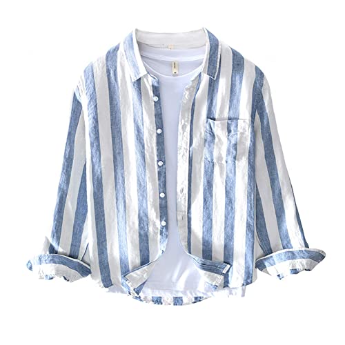 Hemd Herren Leinenhemd Langarm Hemden Sommerhemd Gestreifte Freizeithemden mit Knöpfen Regular Fit Men Shirts L von YAOTT