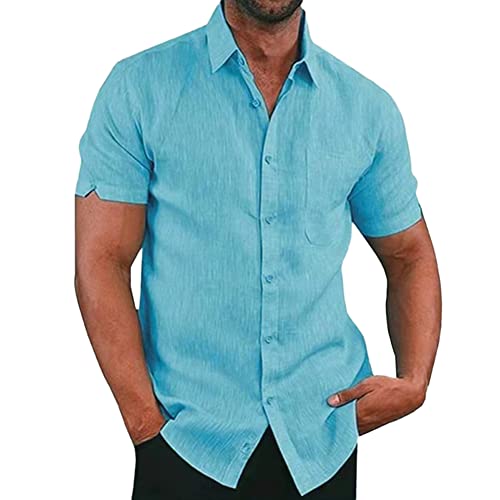 Hemden Herren Kurzarm Hemd Leinenhemd Freizeithemd Businesshemd Sommerhemd Baumwolle Leinen Strandhemd Sommer Kurzarmhemd Einfarbig Basic Shirt for Männer mit Taschen Blau L von YAOTT