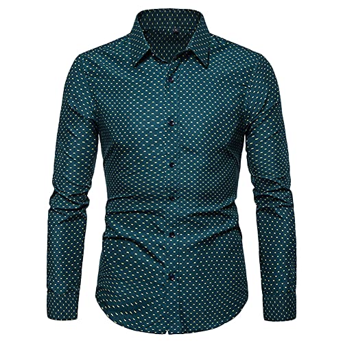 Herren Businesshemd Slim Fit Freizeit Punkte Gedruckt Shirts Langarm Button Down Shirt Elegantes Retro Revers Tägliches Arbeitshemd Hohe Qualität Bequem,Grün,M von YAOTT