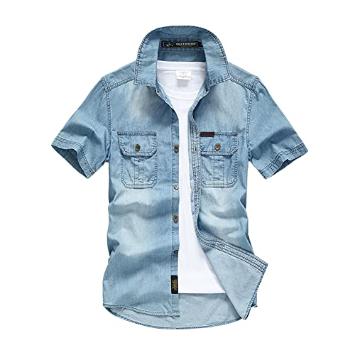 Herren Hemd Kurzarm Jeanshemd Einfarbig Regular Fit Freizeithemd Arbeitshemd Cowboy-Style Kurzarm Army Hemd Sommer Denim Shirt S von YAOTT