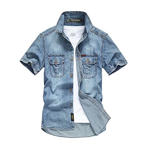 Herren Hemd Kurzarm Jeanshemd Einfarbig Regular Fit Freizeithemd Arbeitshemd Cowboy-Style Kurzarm Army Hemd Sommer Denim Shirt S von YAOTT