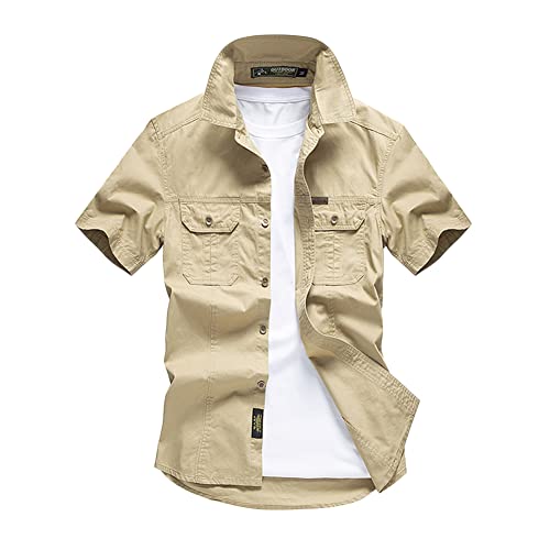 Herren Hemden Sommer Einfarbig Kurzarm Arbeitshemd Freizeithemd Slim Fit Herrenhemden Männer Kurzarm Hemd Vintage Militär Button-Down Shirts Tactical Top zum Wandern Angeln Camping Outdoor Reise L von YAOTT