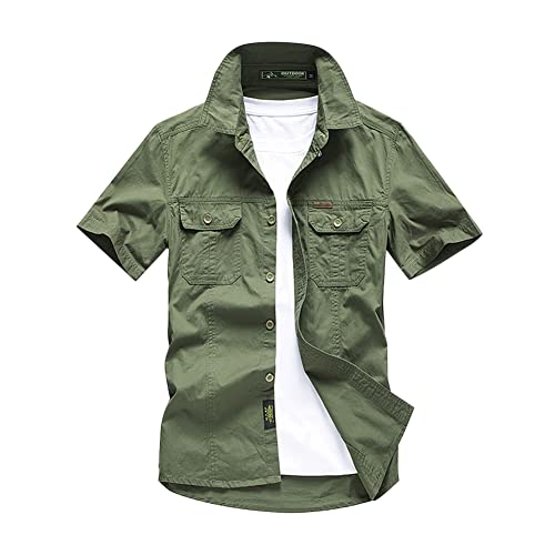 Herren Hemden Sommer Einfarbig Kurzarm Arbeitshemd Freizeithemd Slim Fit Herrenhemden Männer Kurzarm Hemd Vintage Militär Button-Down Shirts Tactical Top zum Wandern Angeln Camping Outdoor Reise L von YAOTT