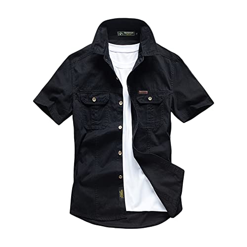 Herren Hemden Sommer Einfarbig Kurzarm Arbeitshemd Freizeithemd Slim Fit Herrenhemden Männer Kurzarm Hemd Vintage Militär Button-Down Shirts Tactical Top zum Wandern Angeln Camping Outdoor Reise M von YAOTT