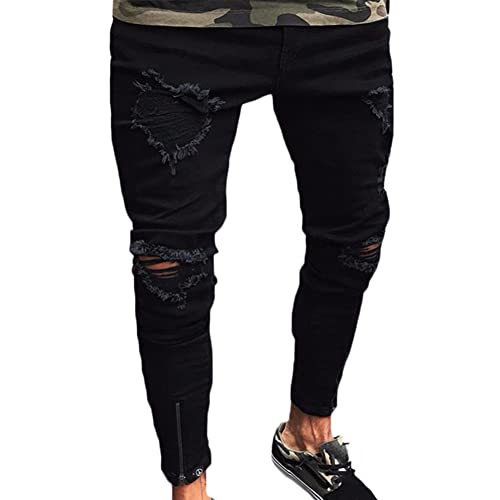 Herren Lässige Tapered Hose Retro Distressed Ripped Jeans Loose Motorradhose Hiphop Stretchjeans Jeanshose Weite Jogginghose Cargohosen Stretch Freizeithose Bestickte Jeans 65 Schwarz L von YAOTT