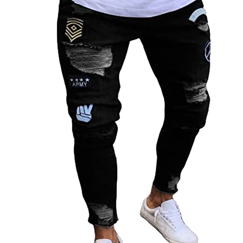 Herren Lässige Tapered Hose Retro Distressed Ripped Jeans Loose Motorradhose Hiphop Stretchjeans Jeanshose Weite Jogginghose Cargohosen Stretch Freizeithose Bestickte Jeans 95 Schwarz M von YAOTT