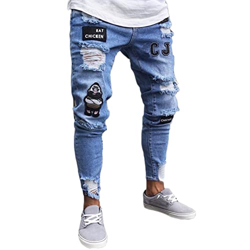 Herren Lässige Tapered Hose Retro Distressed Ripped Jeans Loose Motorradhose Hiphop Stretchjeans Jeanshose Weite Jogginghose Cargohosen Stretch Freizeithose Bestickte Jeans Blau M von YAOTT